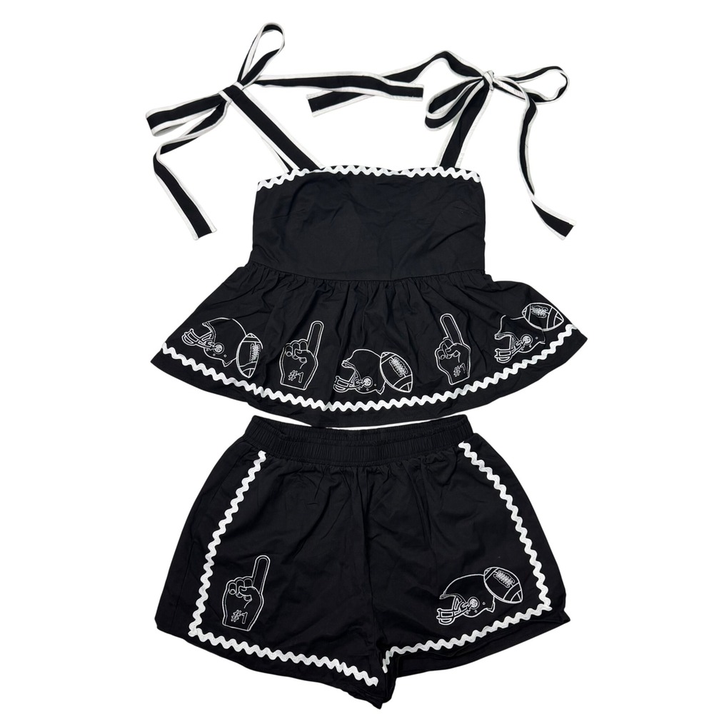 GAME DAY RICK RACK EMBROIDERED 2 PIECE SET Black Size Small NWT Football Sports - Picture 2 of 8